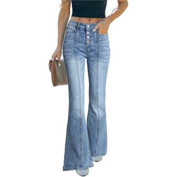 Light Blue Flare Bell Bottom Jeans Wide Leg Button High Waist Bootcut Jeans - Picture 7 of 8